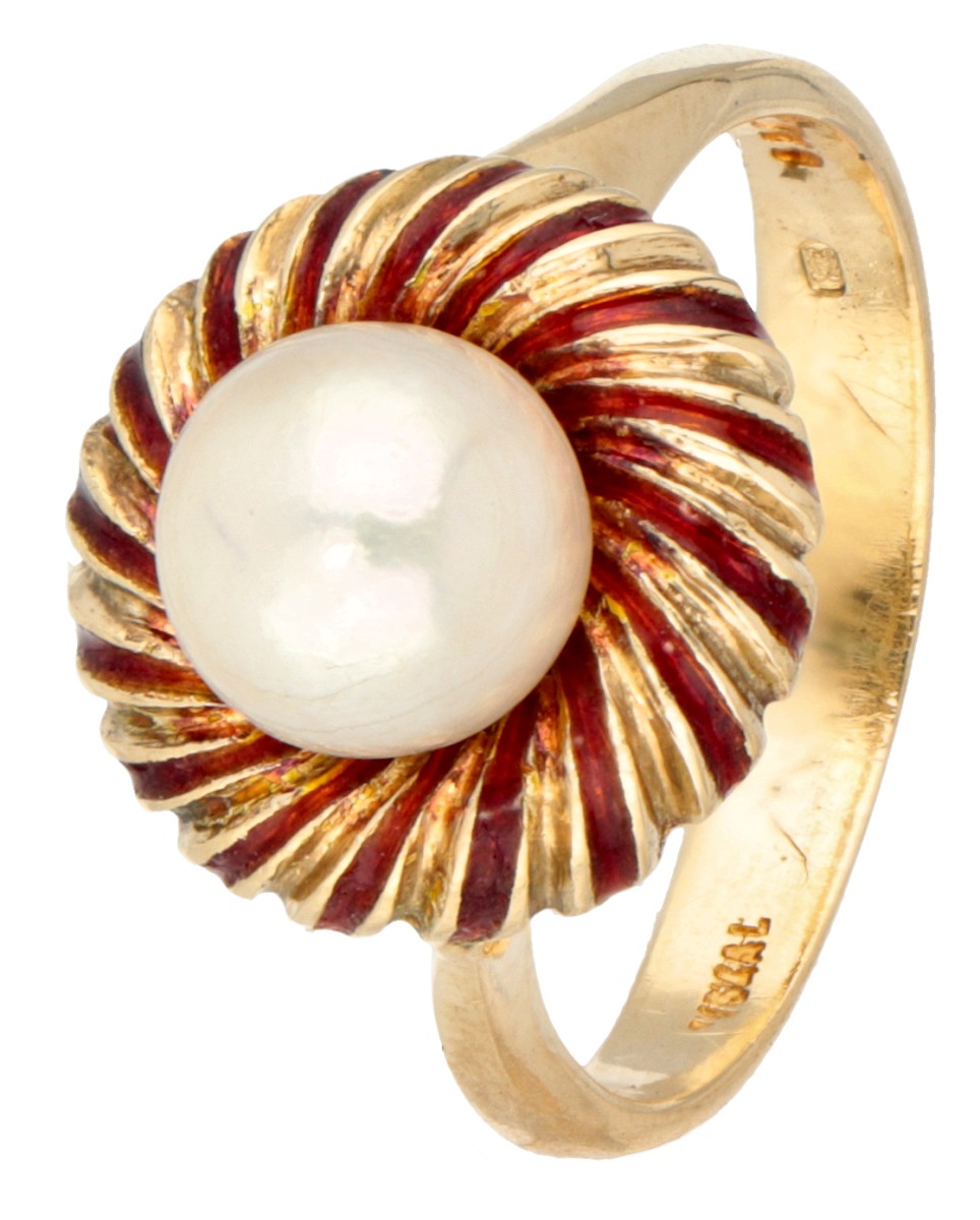 Vintage 18 kt. geelgouden ring met parel, gedecoreerd met rode emaille.