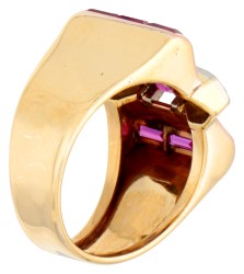 18K Tricolor gouden retro tank ring bezet met diamant en synthetische robijn.