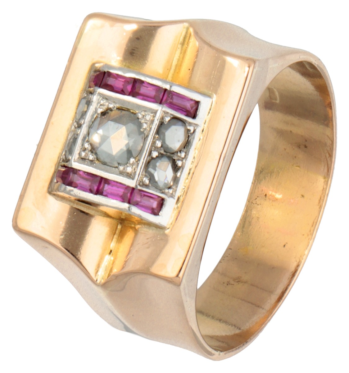 14 kt. Geelgouden retro tank ring bezet met diamant en robijn in witgoud.