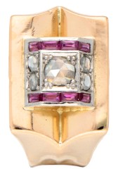 14 kt. Geelgouden retro tank ring bezet met diamant en robijn in witgoud.