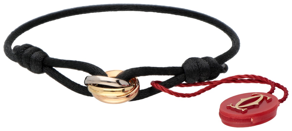 Cartier 18 kt. tricolor gouden 'Trinity' armband met een zwart koord.