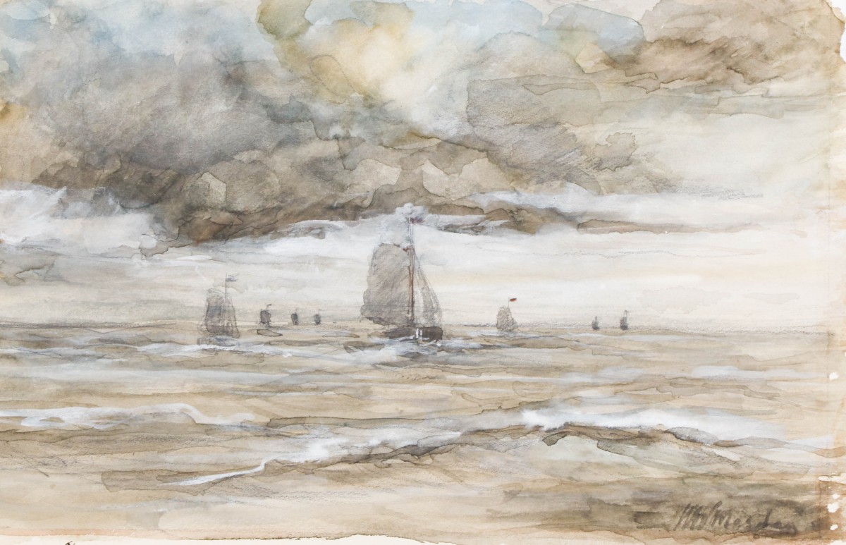 VALS RETOUR Voor onderzoek ingenomen: H.W. Mesdag, aquarel. Verwachte opbrengst: 2000 - 3000.