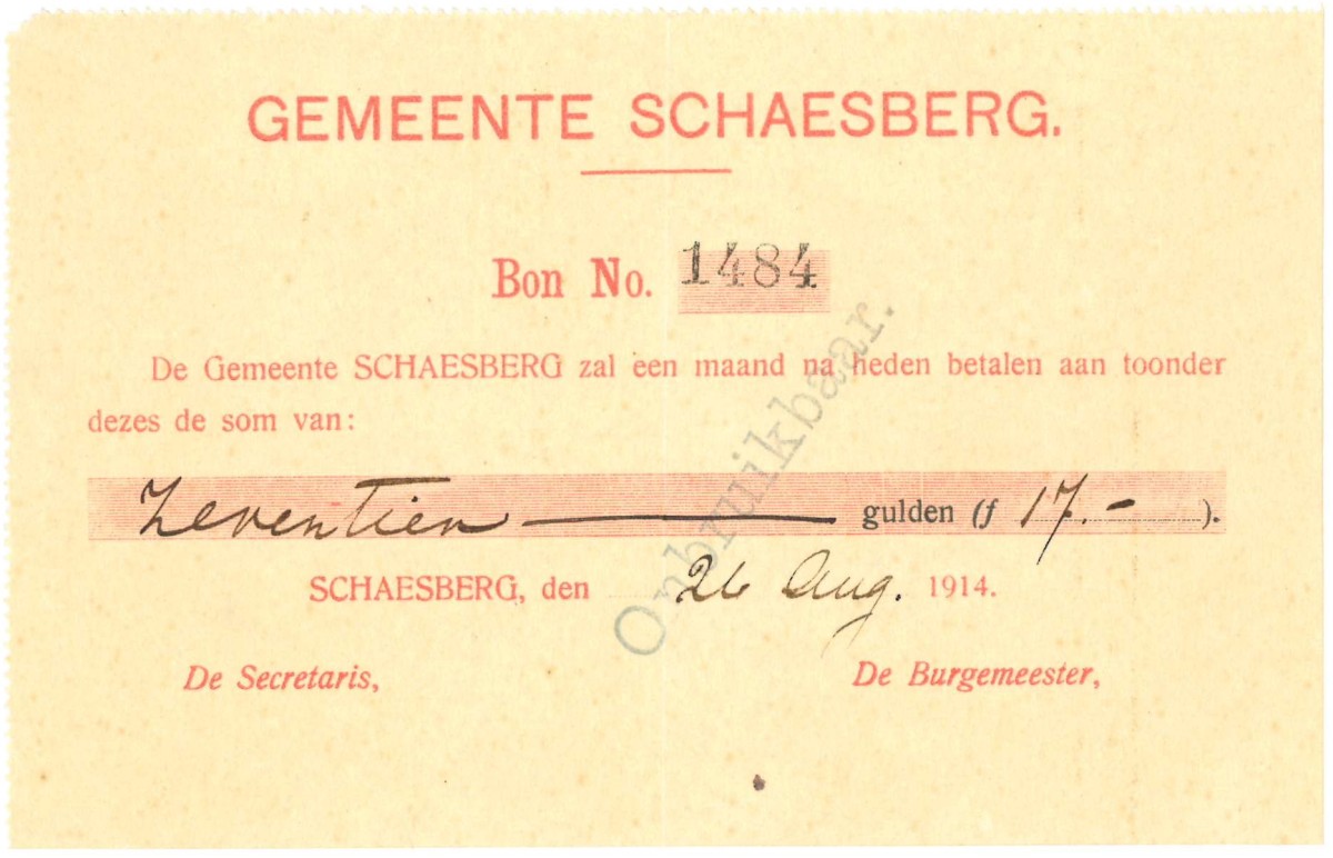 Nederland. 17 gulden . Bon. Type 1914. Type Schaesberg. - Zeer Fraai / Prachtig.