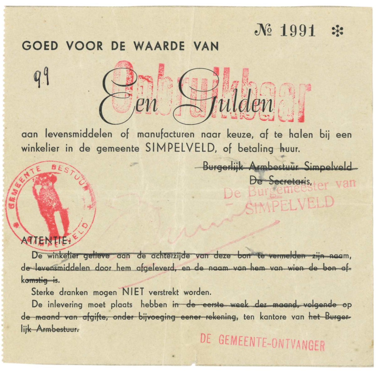 Nederland. 1 gulden . Waardebon. Type 1940. Type Simpelveld. - Zeer Fraai -.