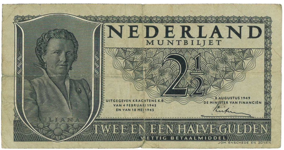 Nederland. 2½ gulden . Muntbiljet. Type 1949. Type Juliana. - Fraai -.