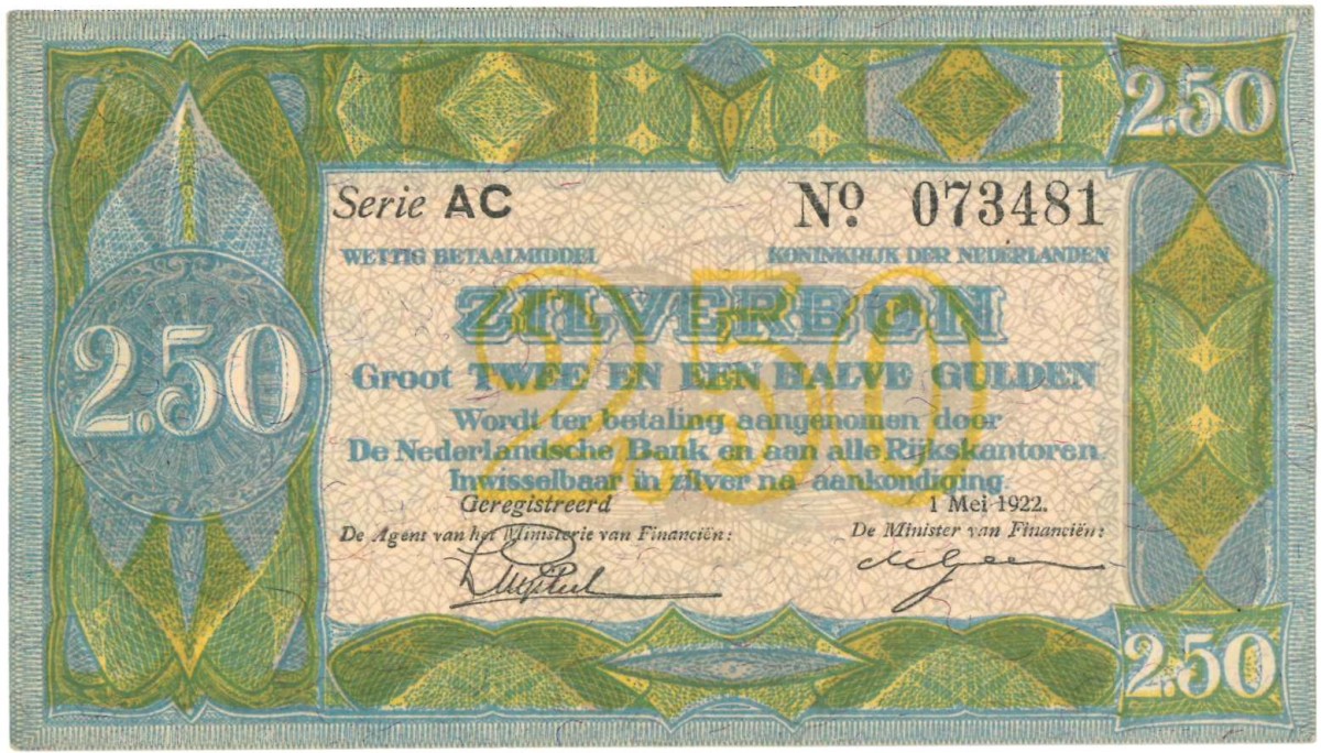 Nederland. 2,5 gulden. Zilverbon. Type 1918. - Prachtig +.