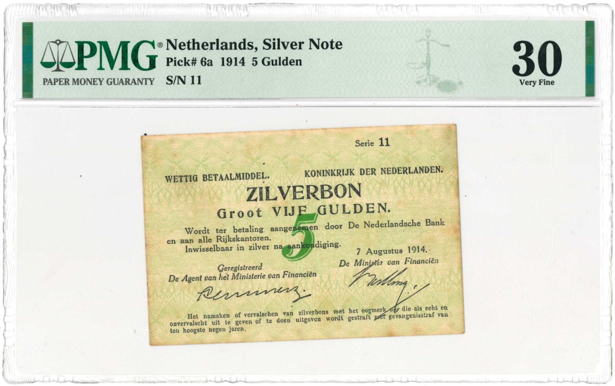 Nederland . 5 gulden . Zilverbon. Type 1914. - Zeer Fraai.