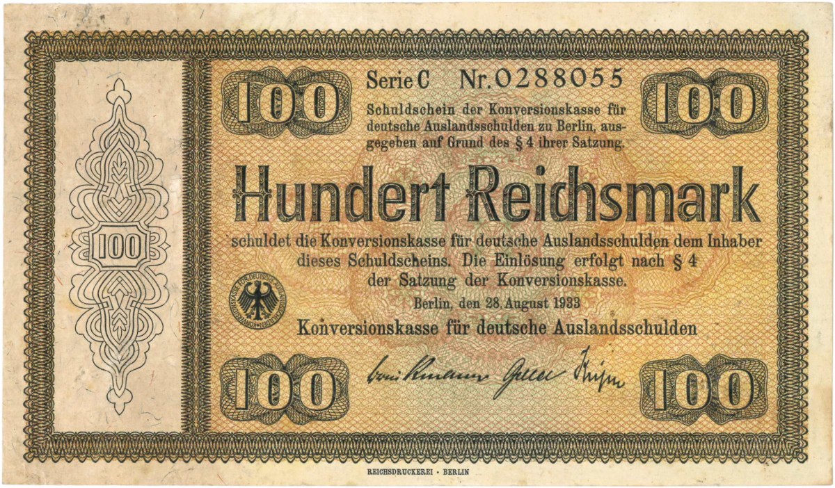 Germany. 100 Mark. Bankbiljet. Type 1933. Type Konversionskasse. - Very fine.