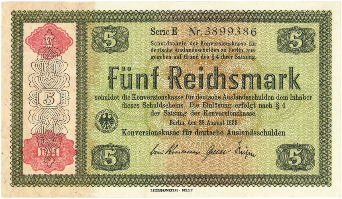 Germany. 5 RM. Banknote. Type 1934. Type Konversionskasse. - About UNC.