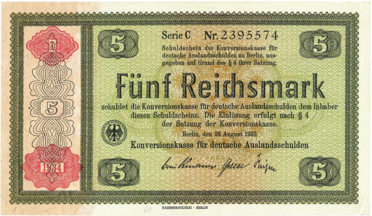 Germany. 5 Mark. Banknote. Type 1934. Type Konversionskasse. - Extremely fine.