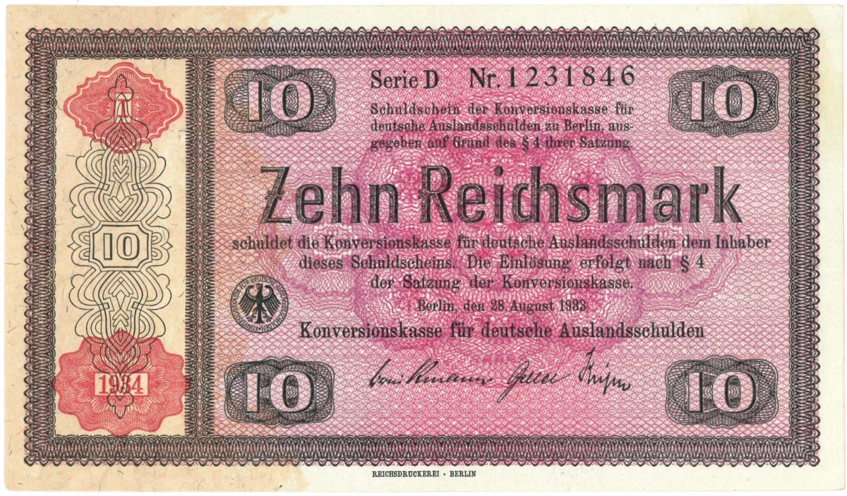 Germany. 10 Mark. Banknote. Type 1934. Type Konversionskasse. - Extremely fine.