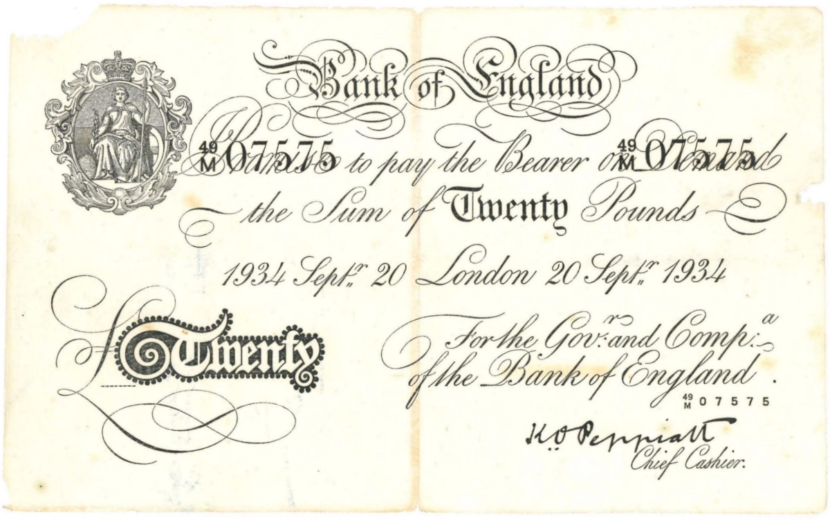 England. 20 Pounds. Banknote. Type ND. Type Peppiatt. - Fine / Very fine.
