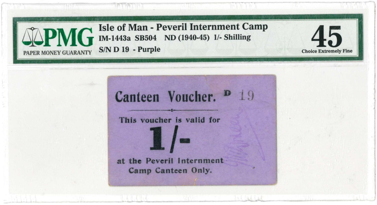 Isle of Man. 1 shilling. Voucher. Type 1940-1945. Type Peveril internment camp. - Extremely fine.