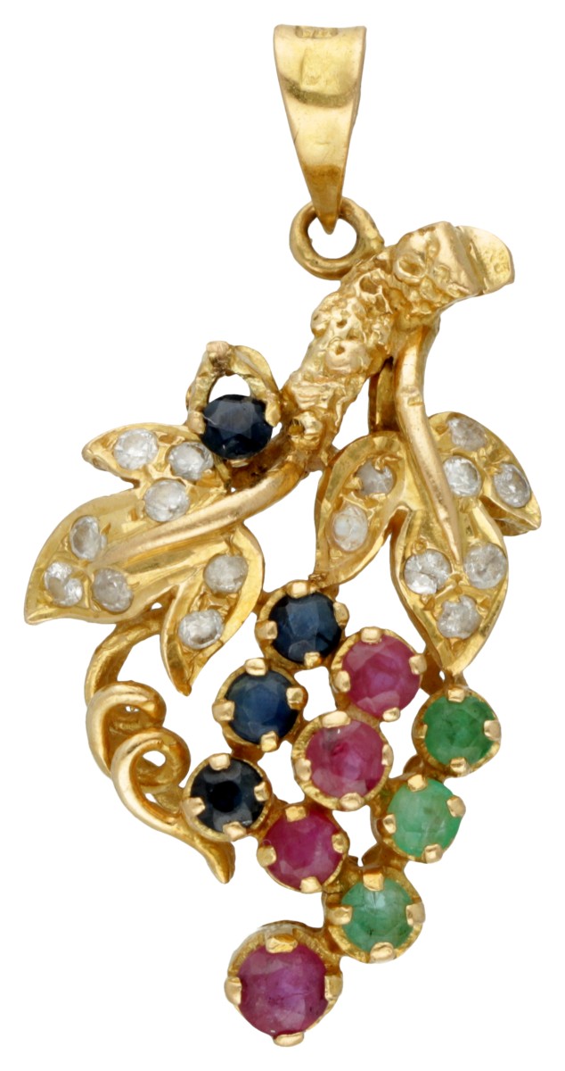 Vintage 18 kt. geelgouden hanger bezet met robijn, saffier, smaragd en diamant. 