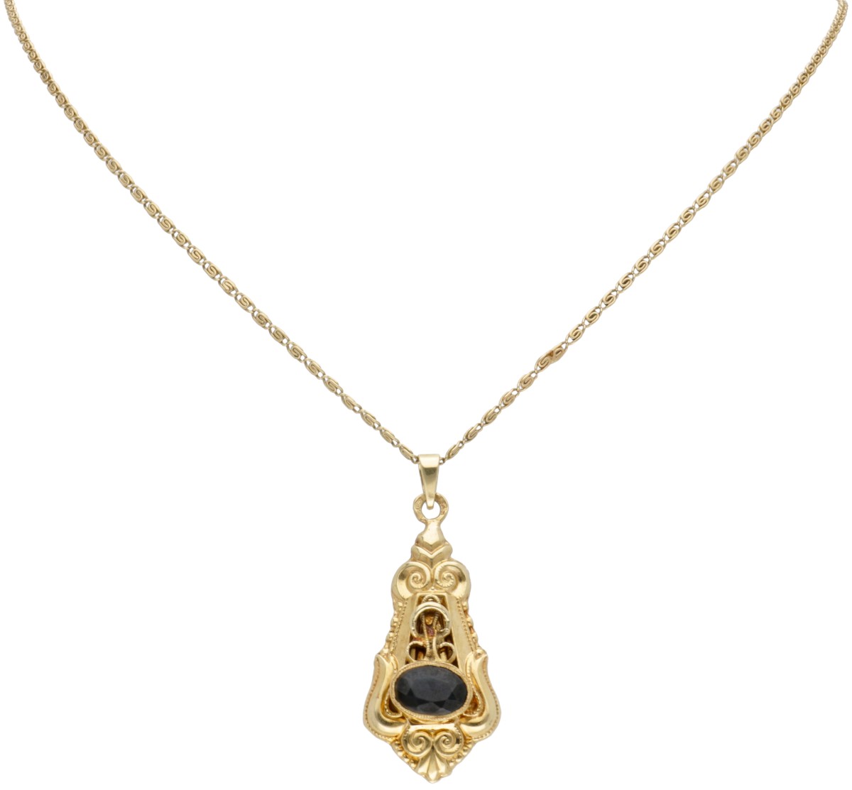14 kt. Geelgouden Griekse schakelcollier met hanger bezet met een saffier.