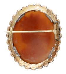 14 kt. Geelgouden vintage broche bezet met camee en granaat.