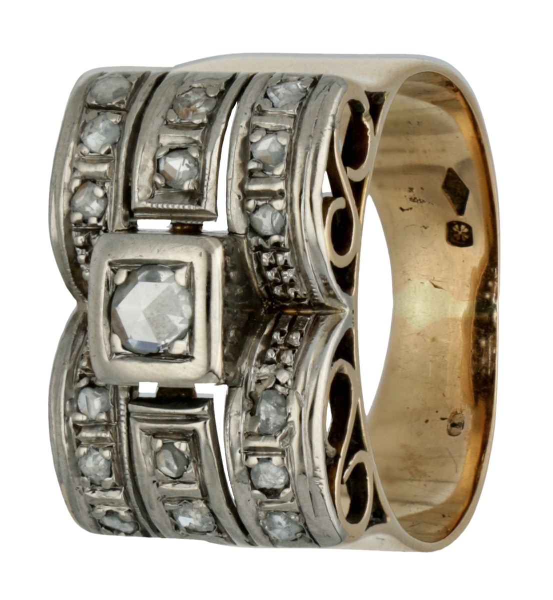18 kt. Geelgouden retro tank ring bezet met diamanten.