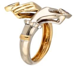 Vintage 18 kt. bicolor gouden ring bezet met ca. 0.12 ct. diamant en robijn.