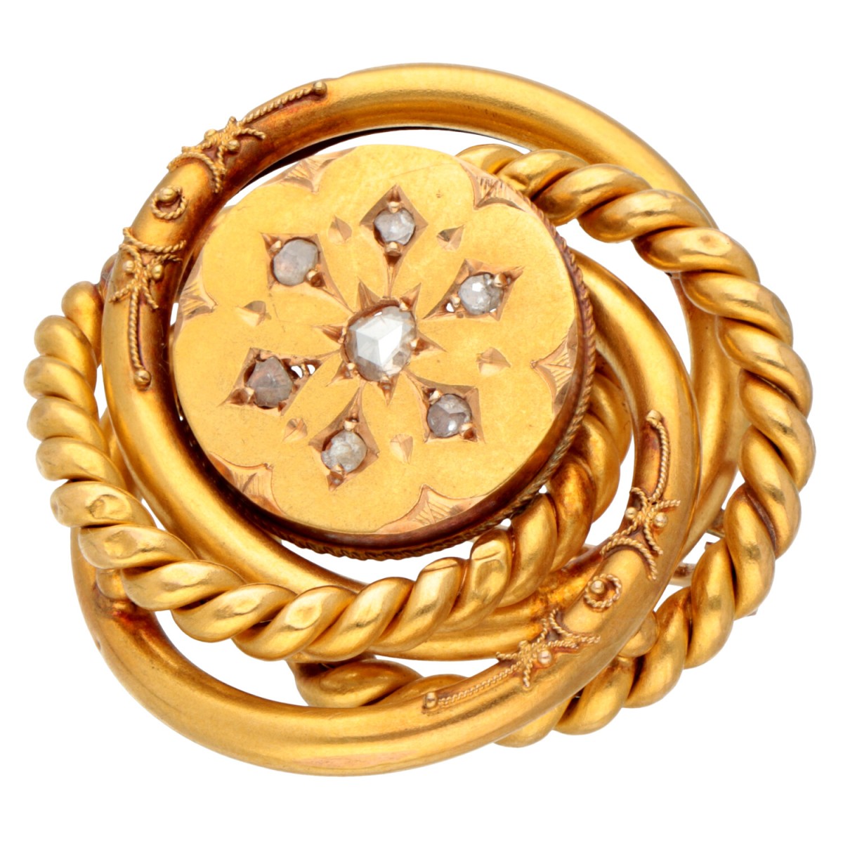 Victoriaanse 18 kt. geelgouden broche bezet met diamanten.
