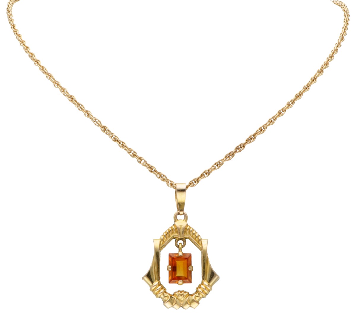 BWG 9 kt. geelgouden Prince of Wales schakelcollier met hanger bezet met ca. 1.00 ct. citrien.