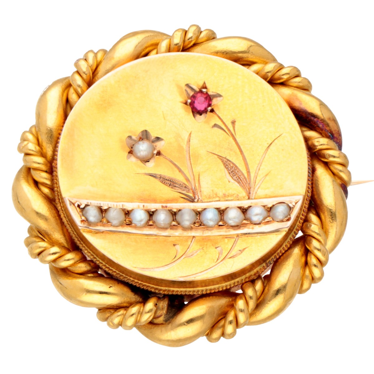 Vintage 18 kt. geelgouden broche bezet met granaat en zaadparels.