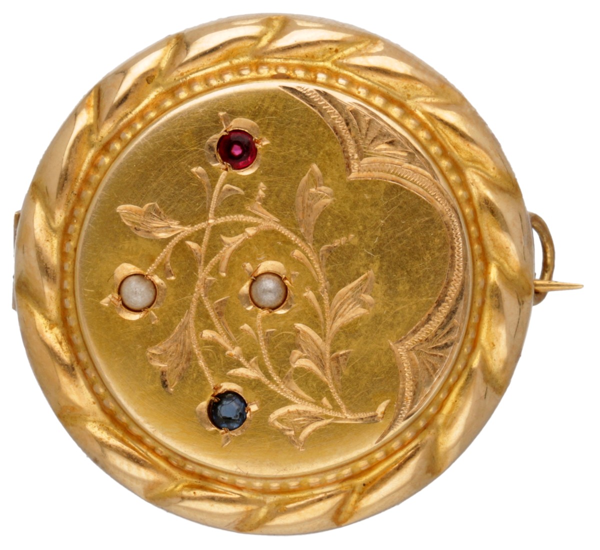 14 kt. Geelgouden broche bezet met parels en gekleurde strass-stenen.