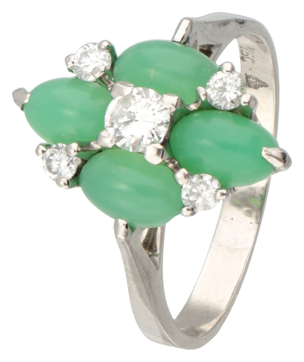 18 kt. Witgouden ring bezet met ca. 0.24 ct. diamant en chrysopraas.