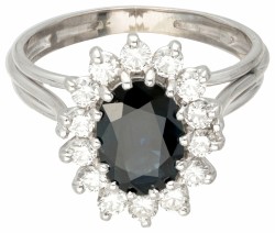 14 kt. Witgouden rozet ring bezet met ca. 0.42 ct. diamant en ca. 1.70 ct. natuurlijke saffier.