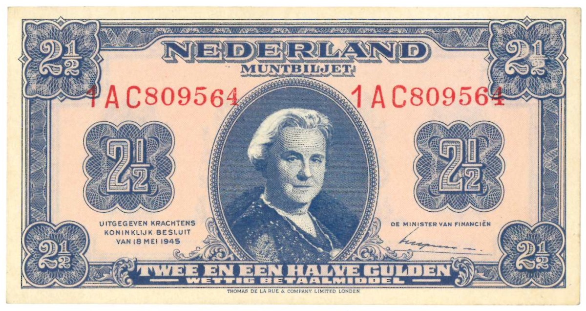 Nederland. 2,5 gulden. Muntbiljet. Type 1945. Type Wilhelmina II. - Prachtig.