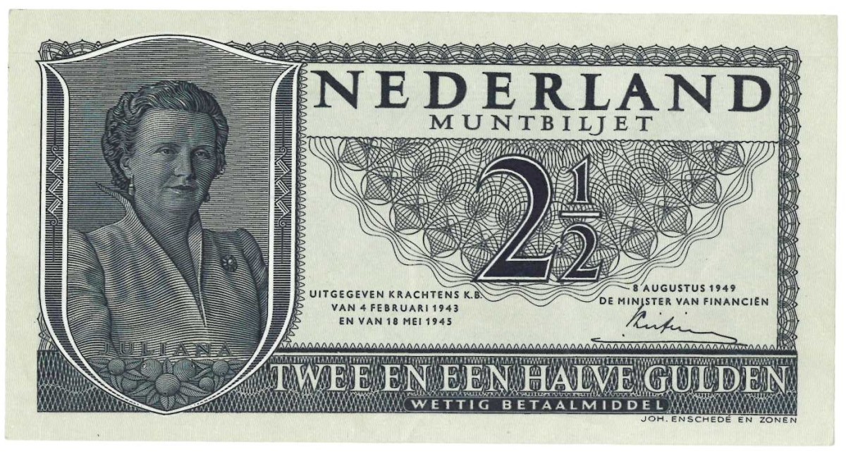 Nederland . 2,5 gulden . Muntbiljet. Type 1949. Type Juliana. - Prachtig.