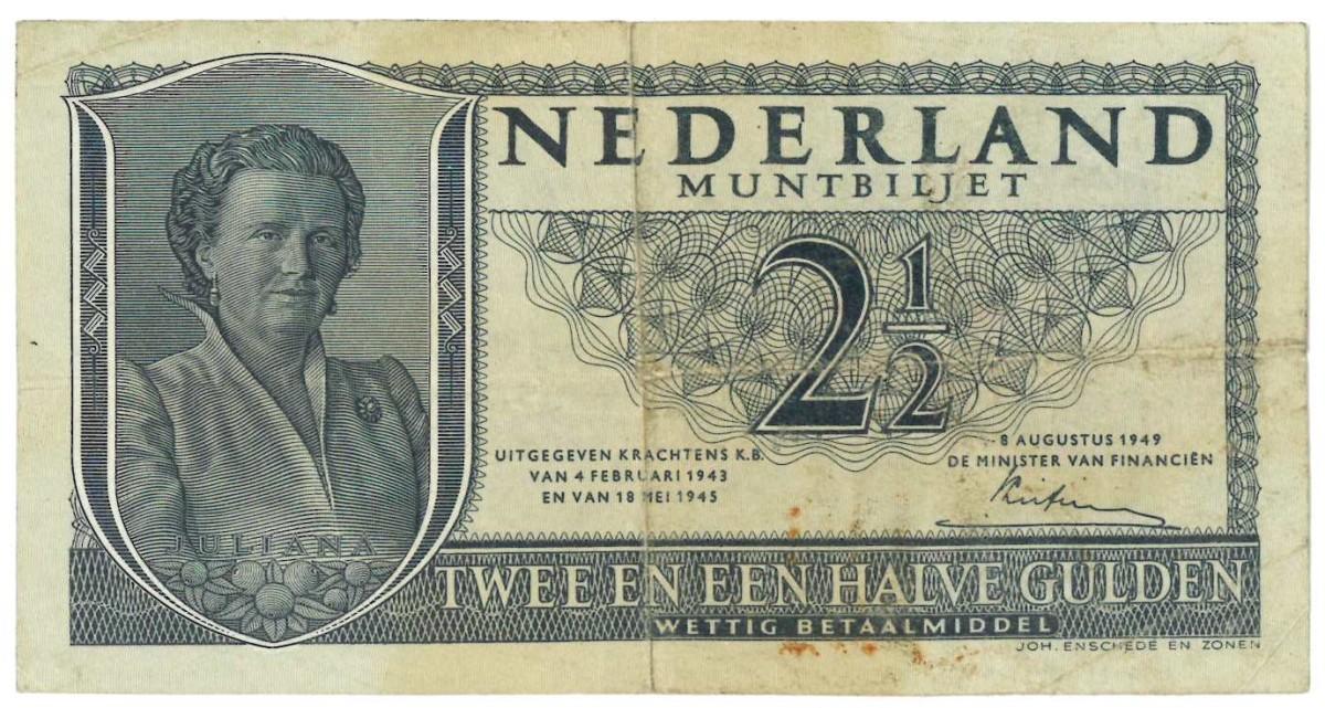 Nederland . 2,5 gulden . Muntbiljet. Type 1949. Type Juliana. - Fraai.