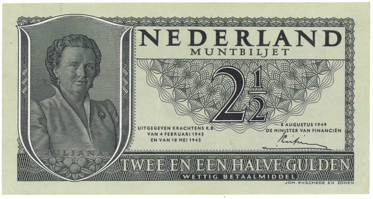 Nederland. 2,5 gulden . Muntbiljet. Type 1949. Type Juliana. - Zeer Fraai / Prachtig.