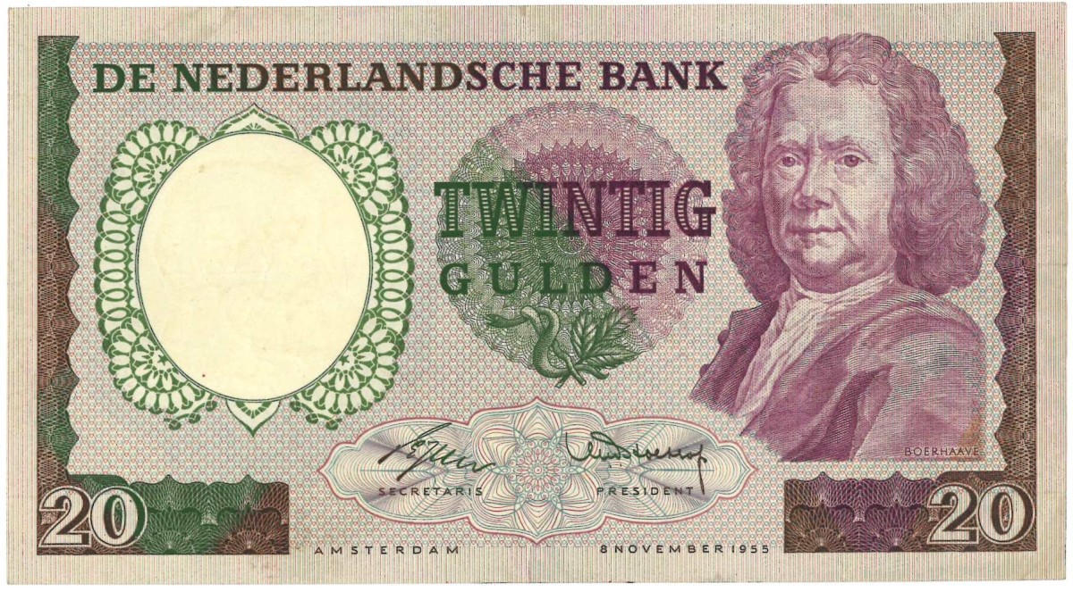 Nederland. 20 gulden . Bankbiljet. Type 1955. Type Boerhaave. - Zeer Fraai.