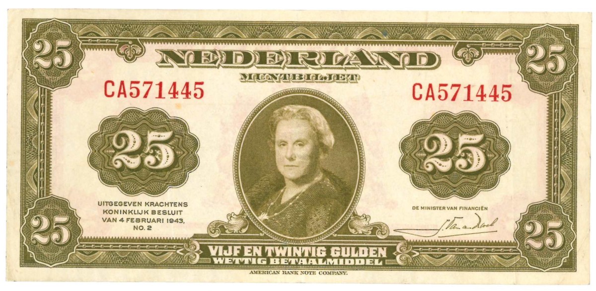 Nederland. 25 gulden. Muntbiljet. Type 1943 II. Type Wilhelmina. - Prachtig.