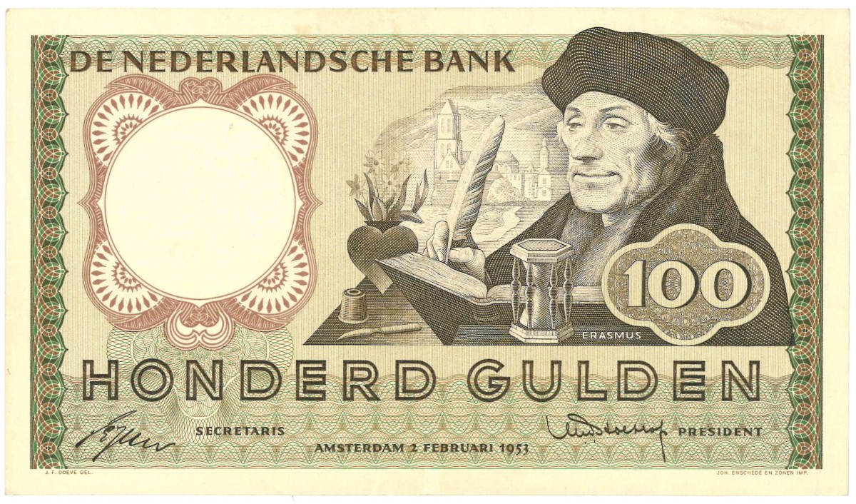 Nederland. 100 gulden . Bankbiljet. Type 1953. Type Erasmus. - Zeer Fraai +.
