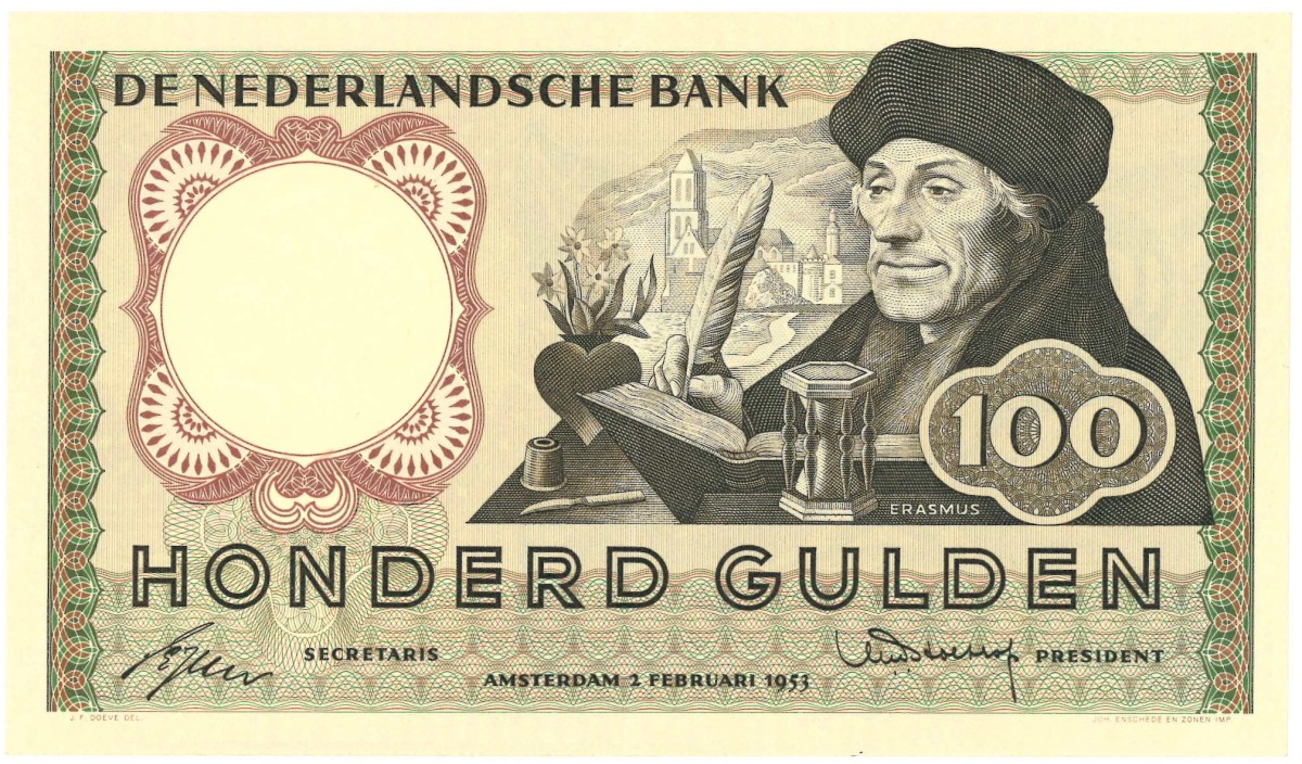 Nederland. 100 gulden . Bankbiljet. Type 1953. Type Erasmus. - Prachtig.