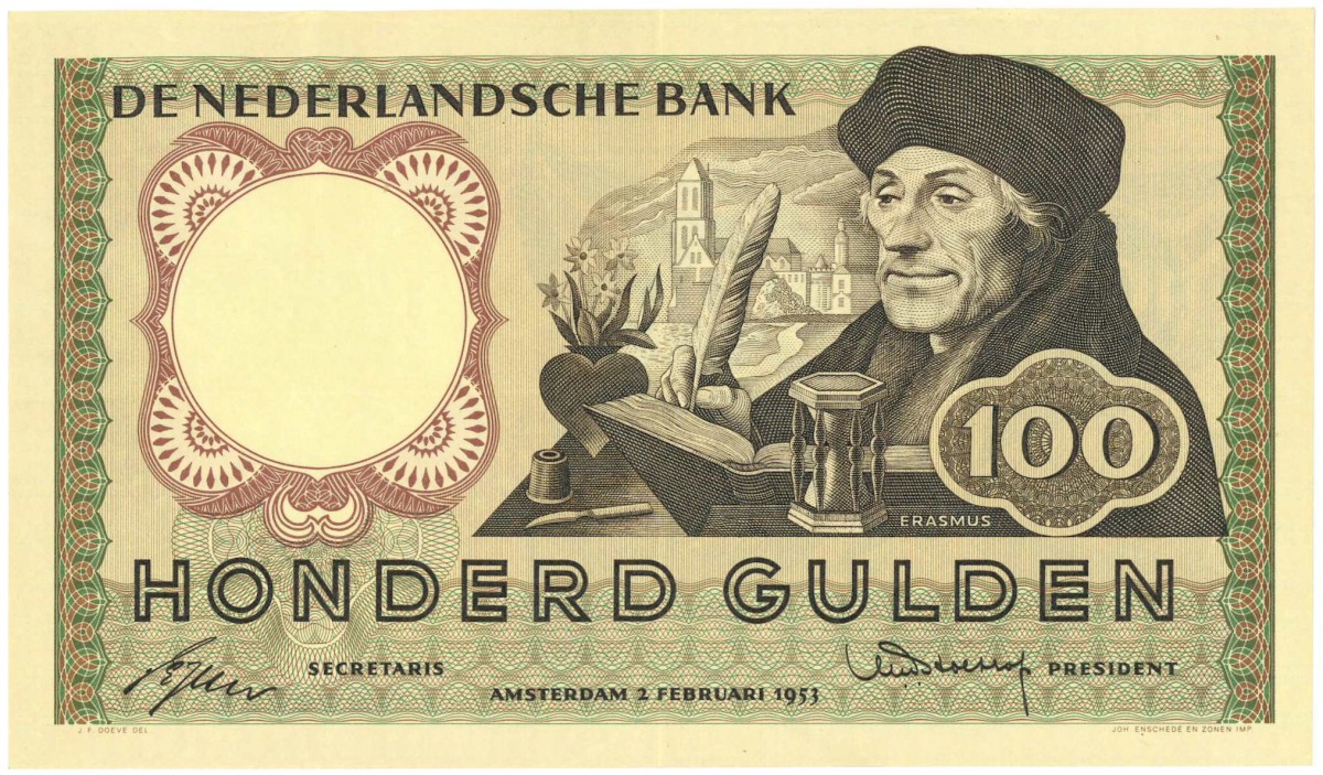 Nederland. 100 gulden. Bankbiljet. Type 1953. Type Erasmus. - Zeer Fraai.