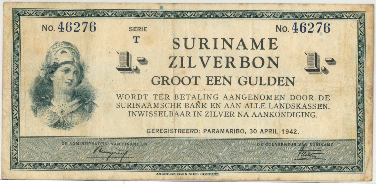 Suriname. 1 gulden. Silver voucher. Type 1942. - Fine +.