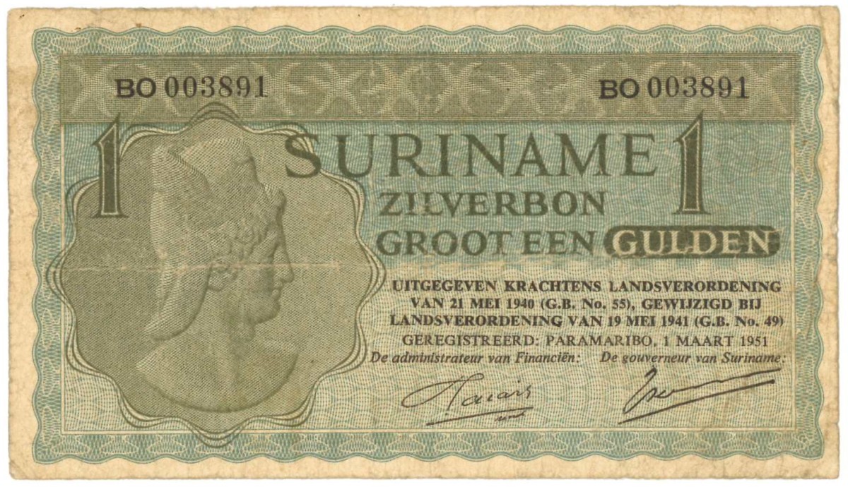 Suriname. 1 gulden . Silver voucher. Type 1951. Type Signature Klaasesz - Hajary. - Fine -.