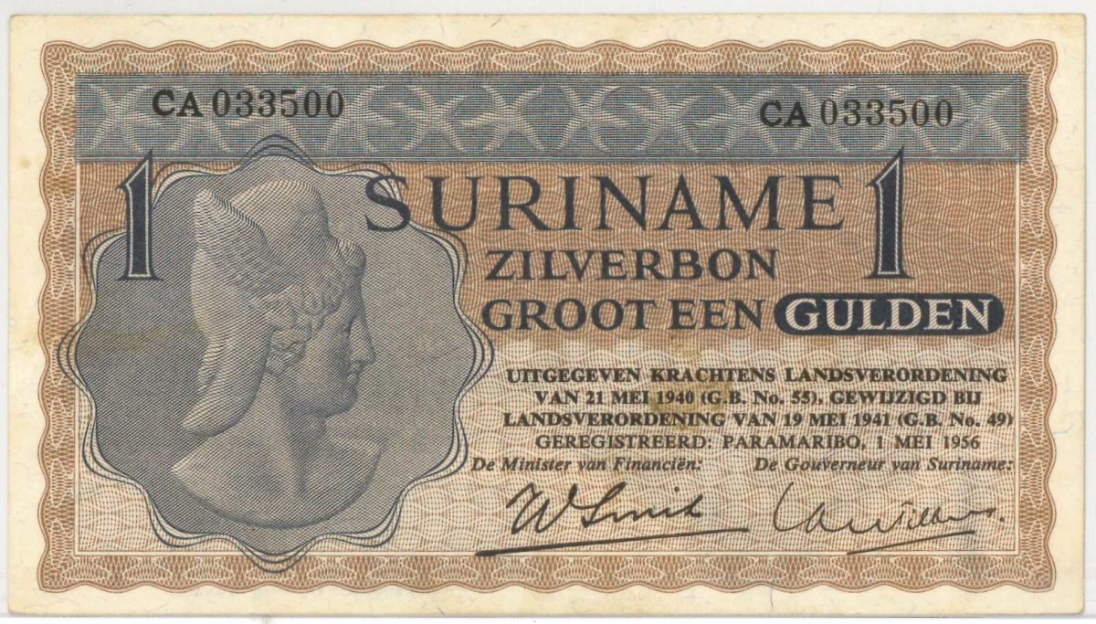 Suriname . 1 gulden . Silver voucher. Type 1956. Type Signature from Tilburg - Smit, Rare. - Extremely fine.