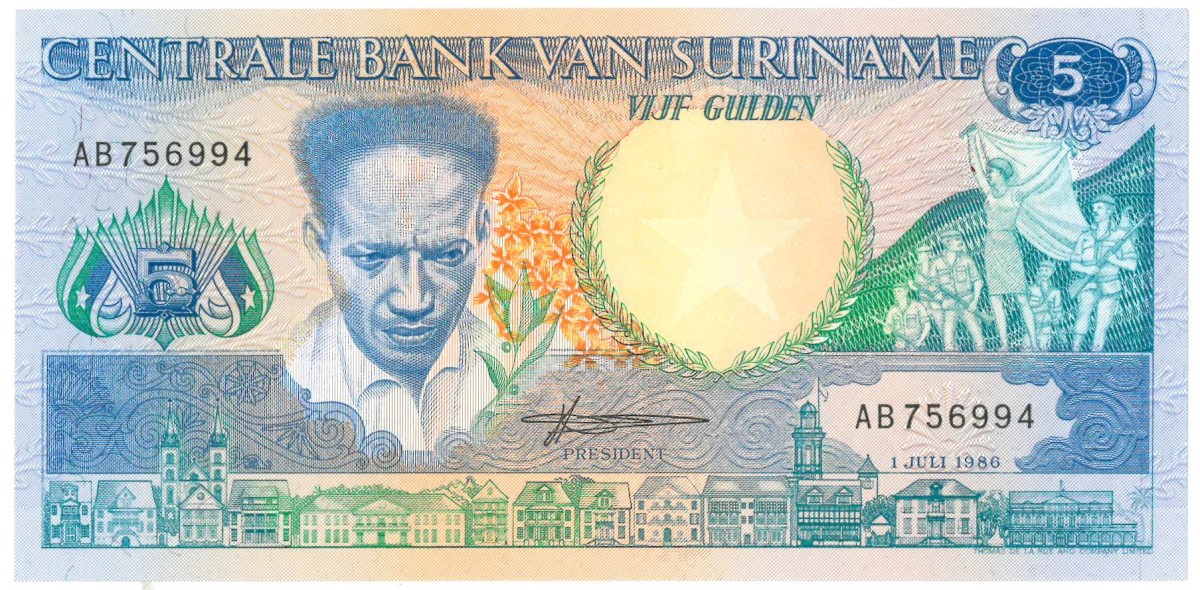 Suriname . 5 gulden . Banknote. Type 1986. Type Anton de Kom. - UNC.