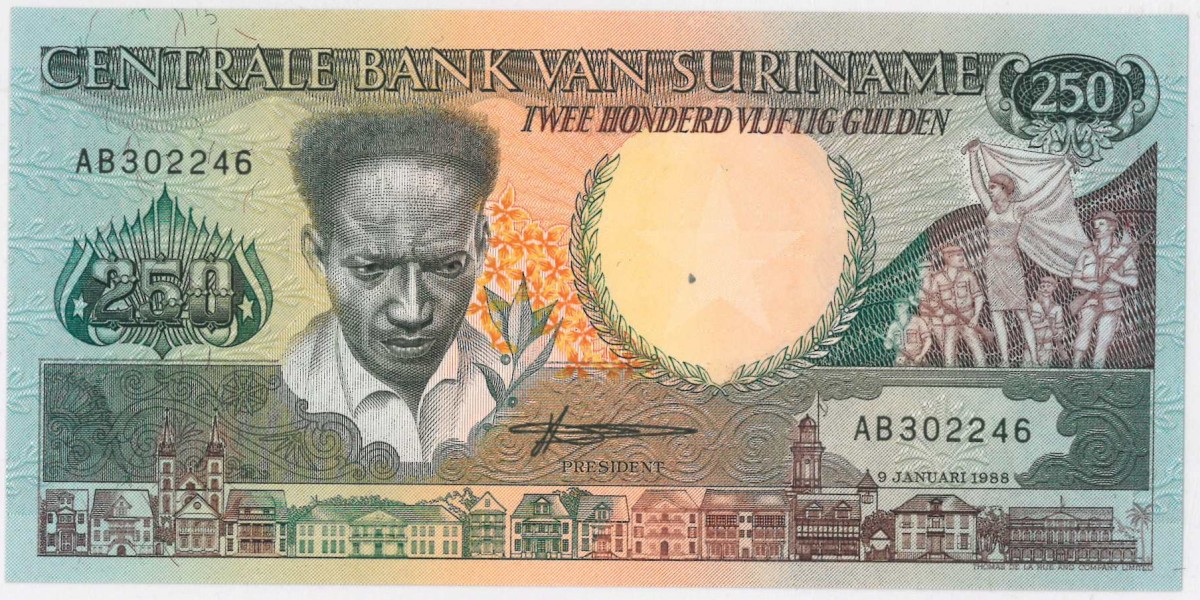 Suriname. 250 gulden . Banknote. Type 1988. Type Anton de Kom. - UNC.