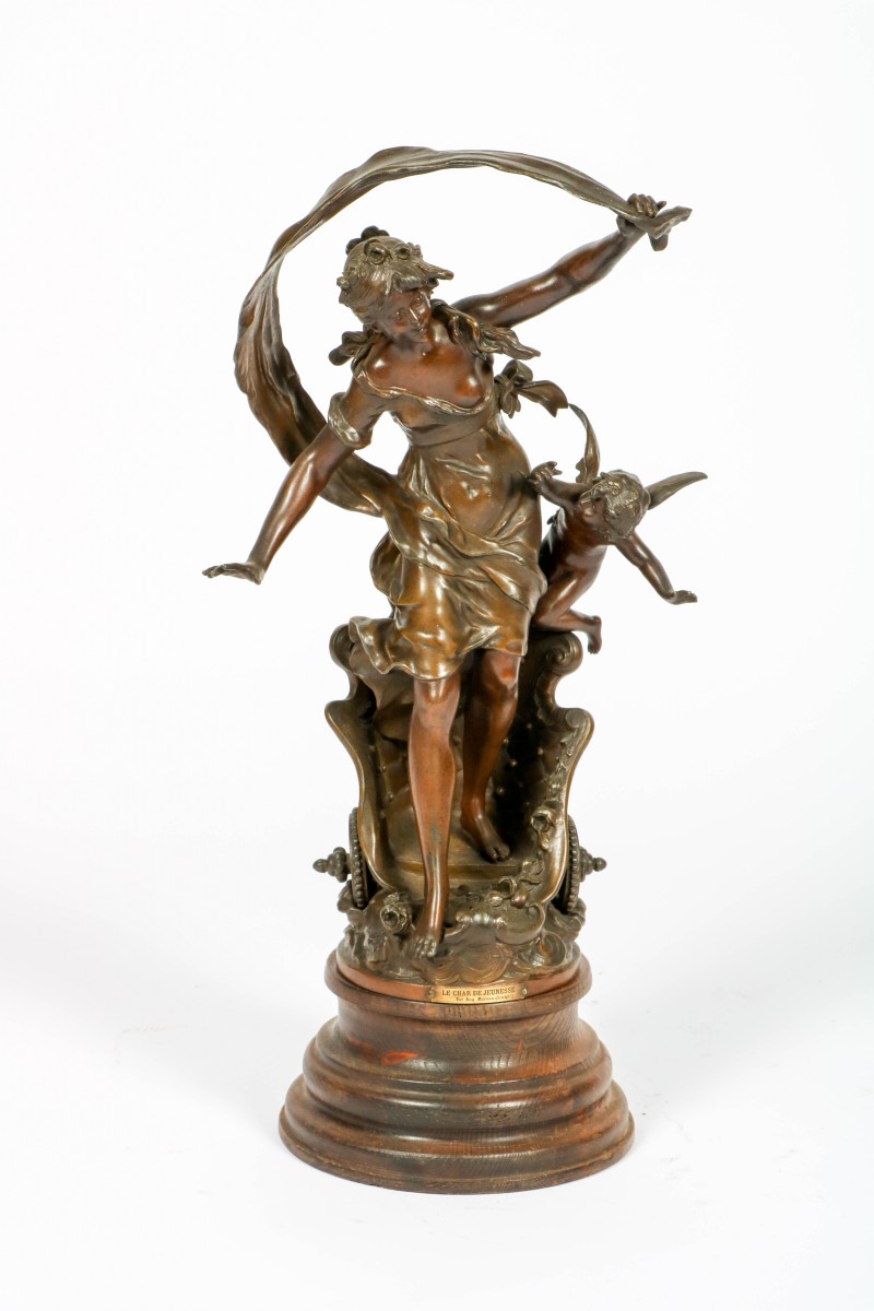 Auguste Moreau (1834-1917), Een zinken sculptuur "Le char de jeunesse", eind 19e eeuw.