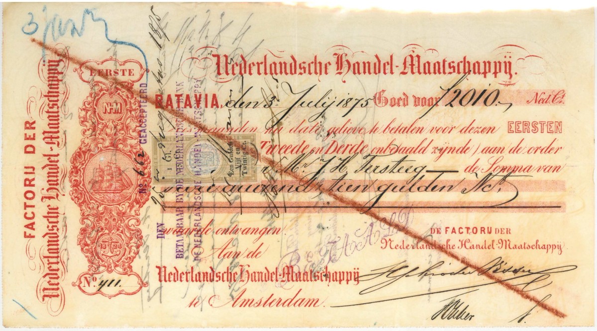 Netherlands-Indies. 2010 gulden . bill of exchange. Type 1875. Type Batavia. - Fine +.