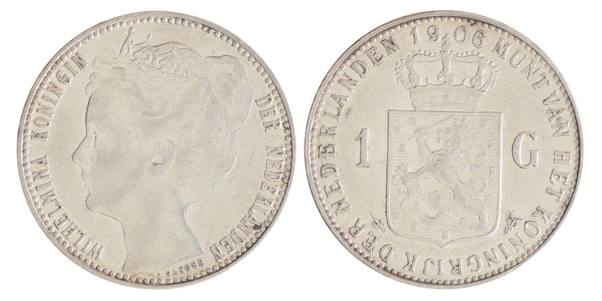 1 gulden. Wilhelmina. 1906. Zeer Fraai +.