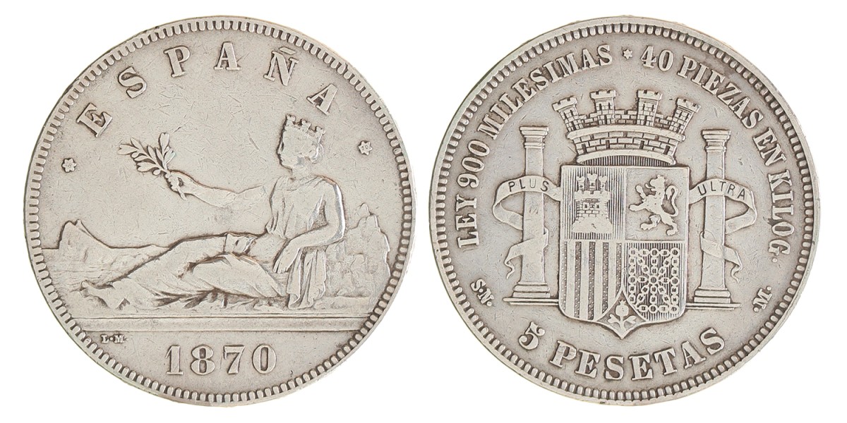 Spain. Provisional government. 5 Pesetas. 1870 SNM.