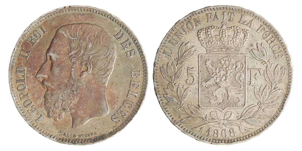 Belgium. Leopold II. 5 Francs. 1868.