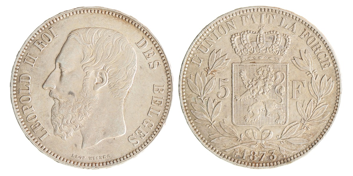 Belgium. Leopold II. 5 Francs. 1873.