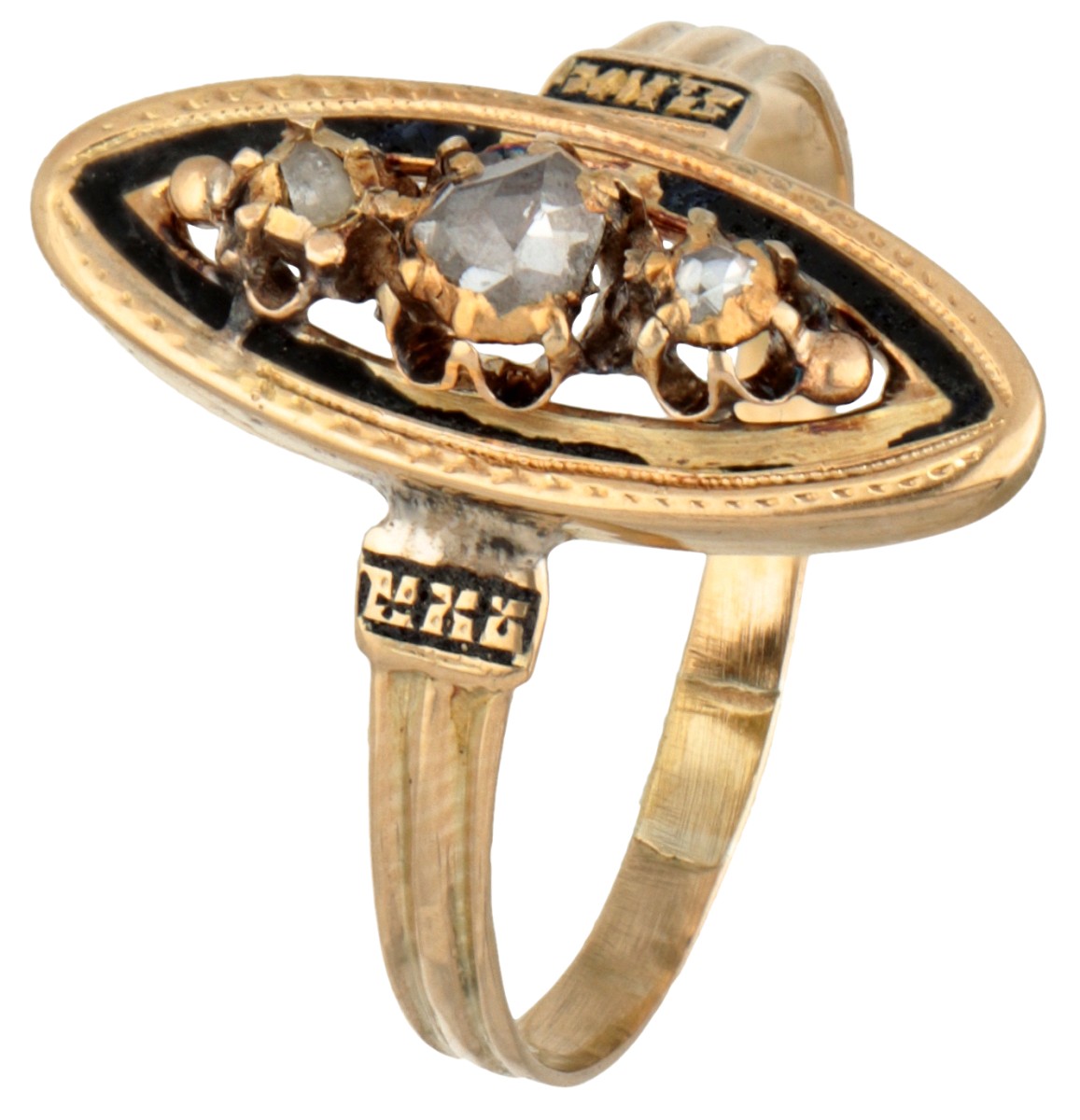 14 kt. Geelgouden ring bezet met diamanten en zwart emaille.