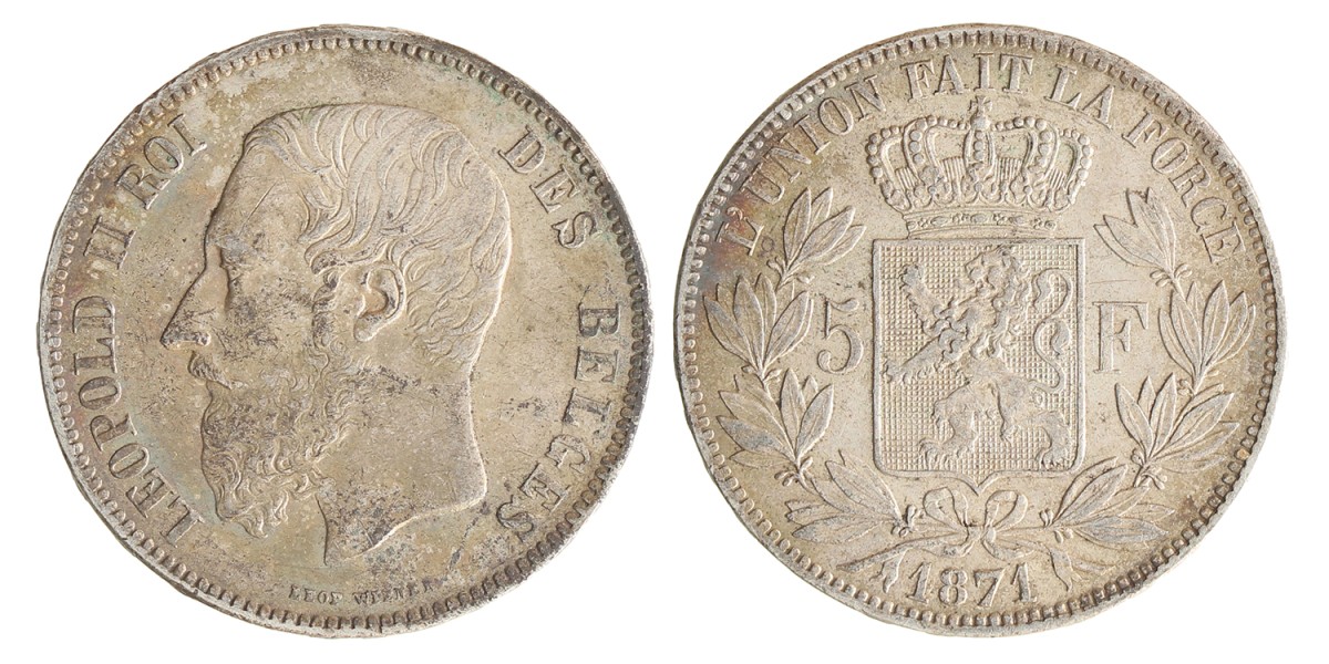 Belgium. Leopold II. 5 Francs. 1871.